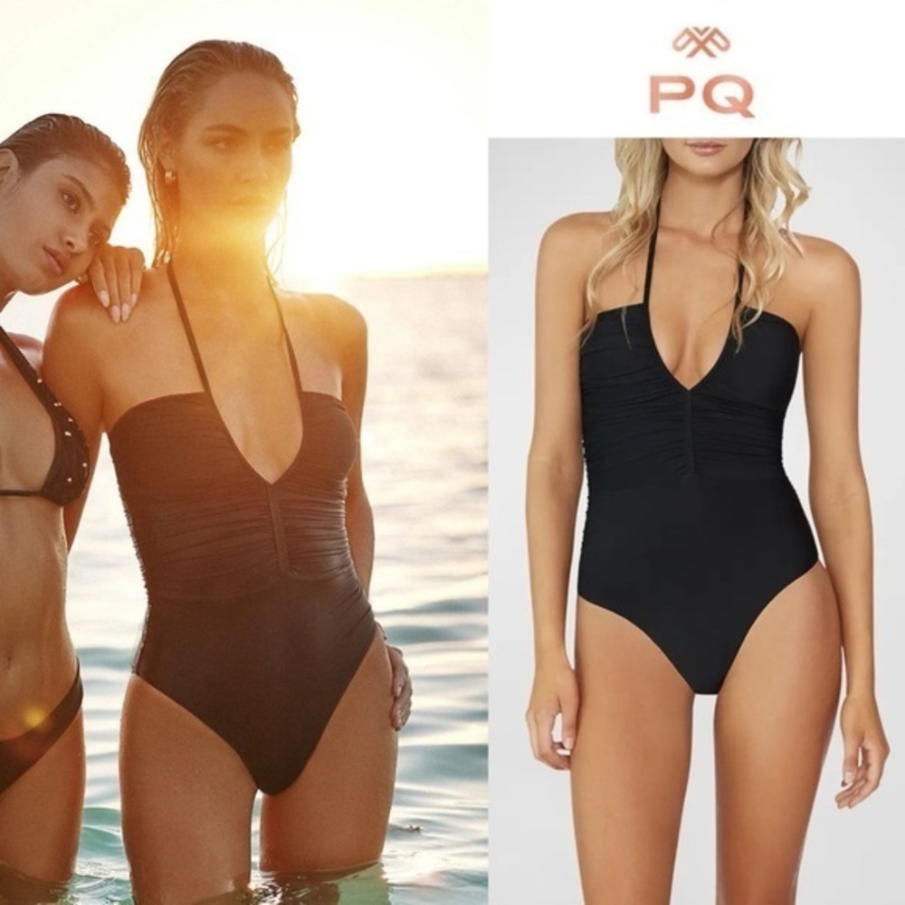 PQ Swim Josie Halter Runched One-Piece Swimsuit in Black sz L $154 NWT